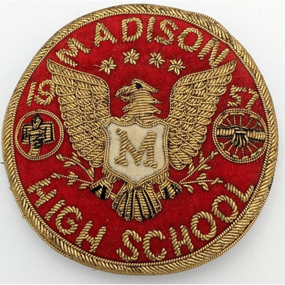 Vintage Bullion‎ Wire Madison High School Eagle Crest 1957 Patch Pin Red Gold 3"
